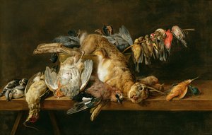Natura morta di uccelli morti e una lepre su un tavolo, 1647